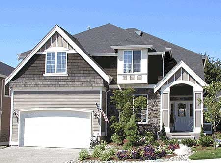 House plan exterior: two-story home with prominent gables, shingle siding, stone accents, and an arched entry.