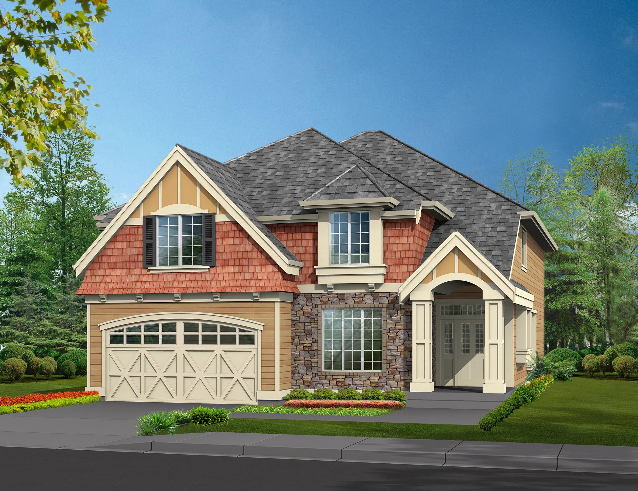 House plan exterior: Two-story Modern Farmhouse with stone accents, gabled dormers, and an arched garage door.