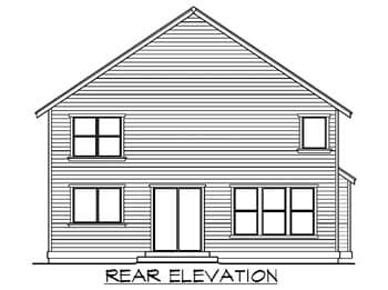 Rear elevation house plan drawing showing a two-story structure with double doors and multiple windows.