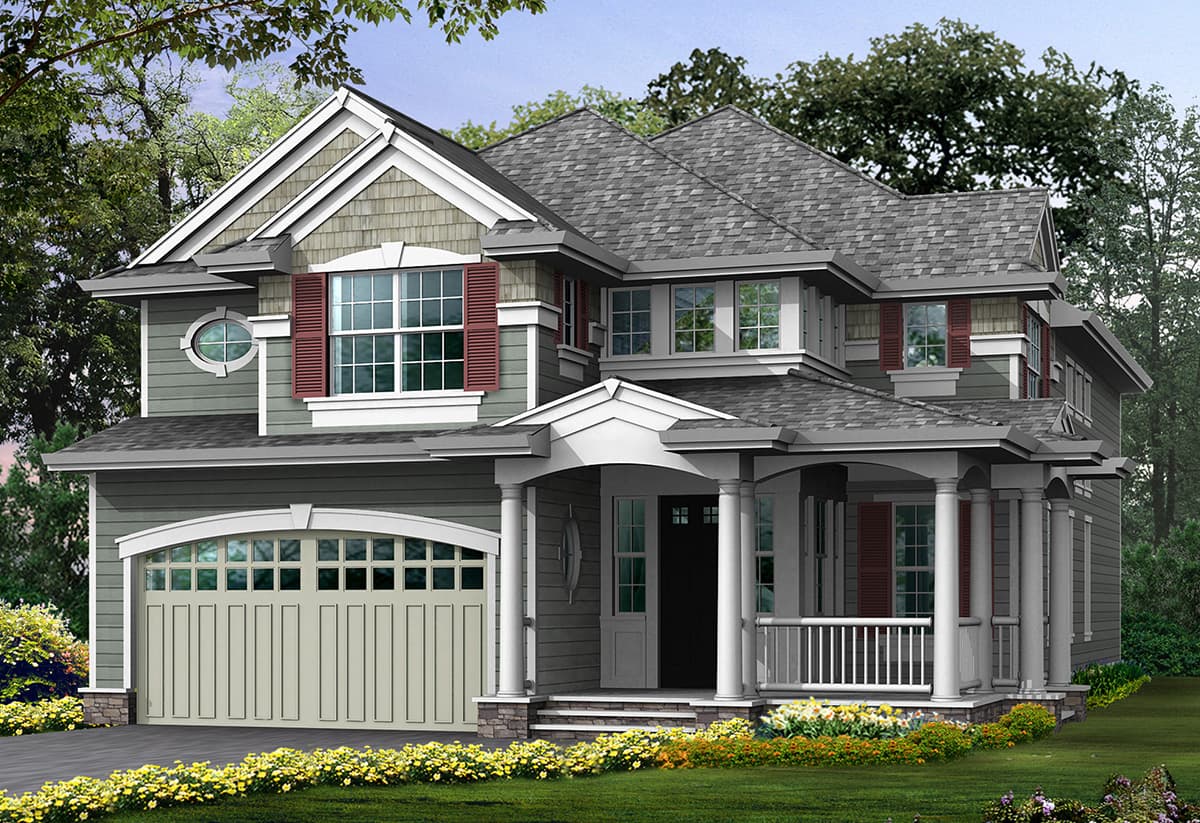 House plan exterior: two-story home with gables, prominent covered entry porch, dormers, and side-facing garage with arched door.