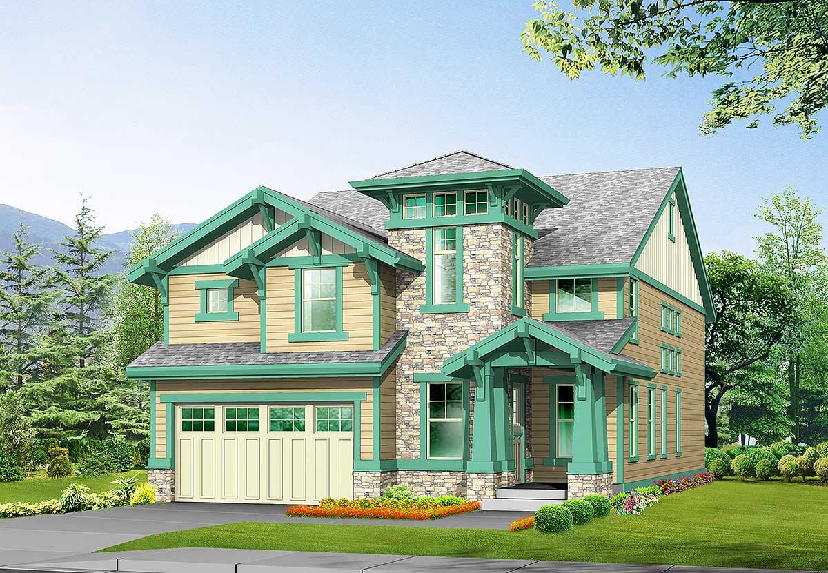 Craftsman style house plan exterior with stone accents, covered entry porch, multi-level gables, dormers, and two-car garage.