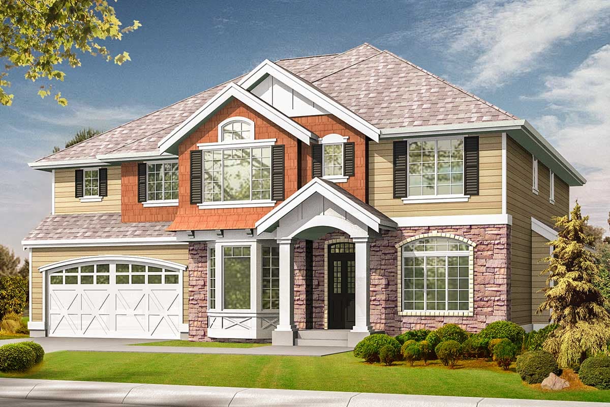 House plan exterior: Two-story home with gable roof, arched entryway, stone and shingle siding, and attached garage.