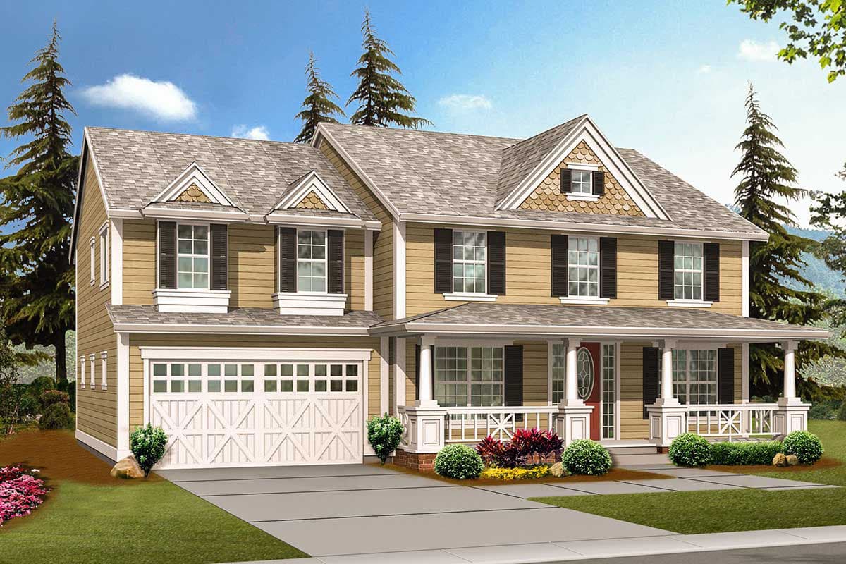 House plan exterior: Two-story home with wrap-around porch, dormers, gabled roof, and attached two-car garage.