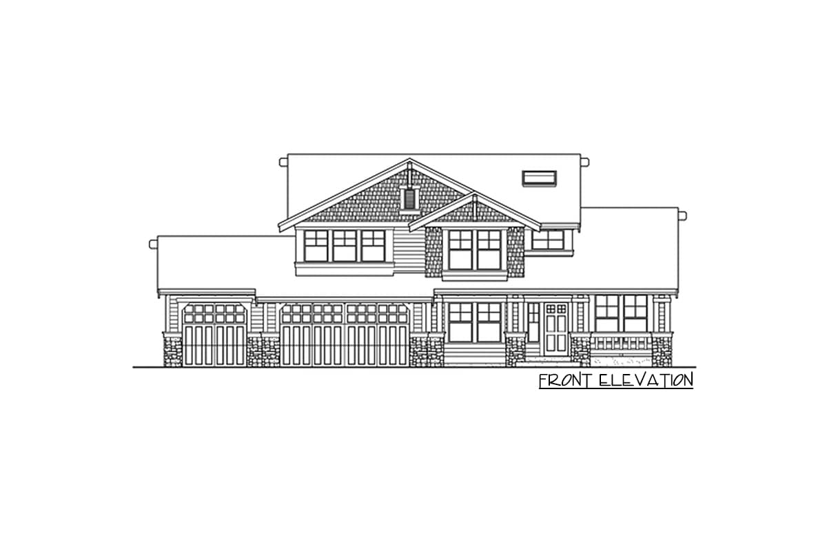 Front elevation drawing of a two-story house plan with a gabled roof, dormers, a covered front porch, and a three-car garage.