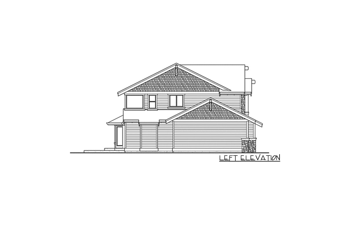 Left elevation drawing of a two-story house plan featuring gables, varied siding, and stone accents.