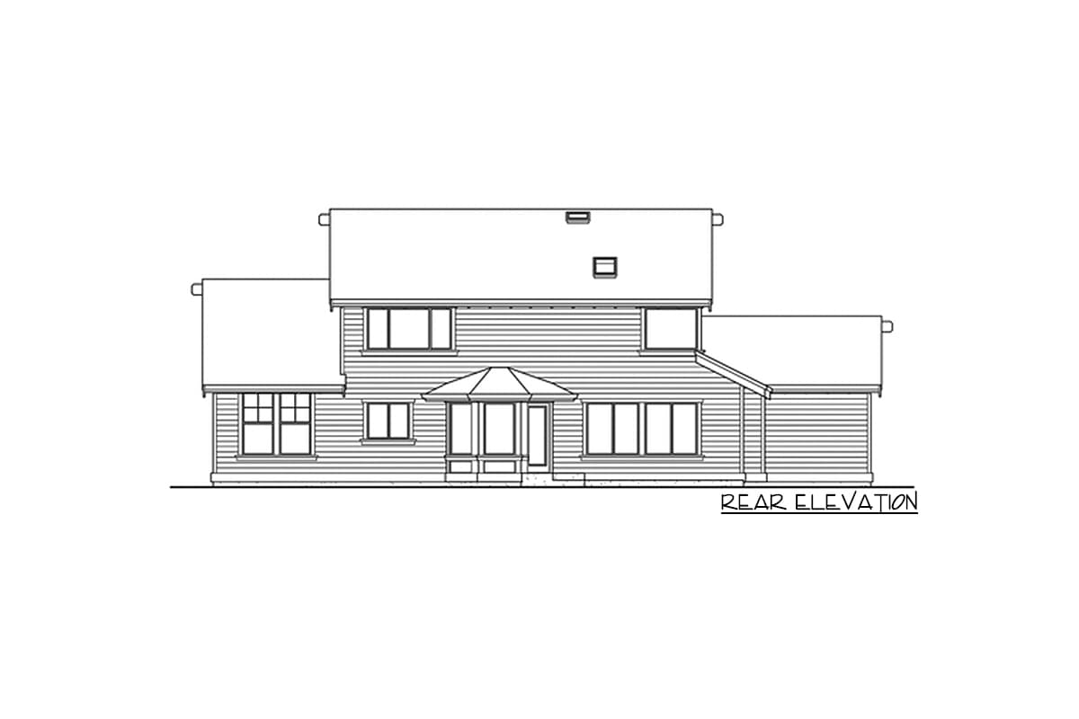 Rear elevation drawing of a two-story house with multiple gables, a central covered entry, and horizontal siding.
