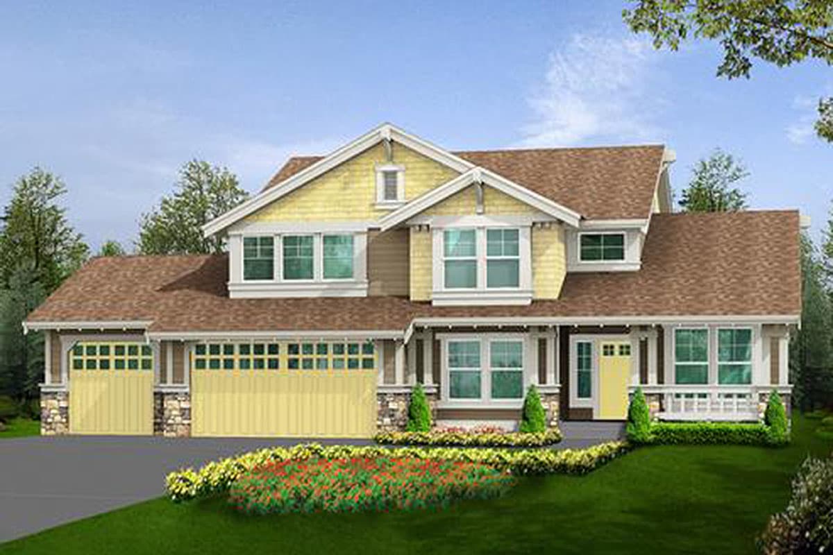 House plan exterior: Two-story home with a front porch, multiple gables, and a three-car garage.