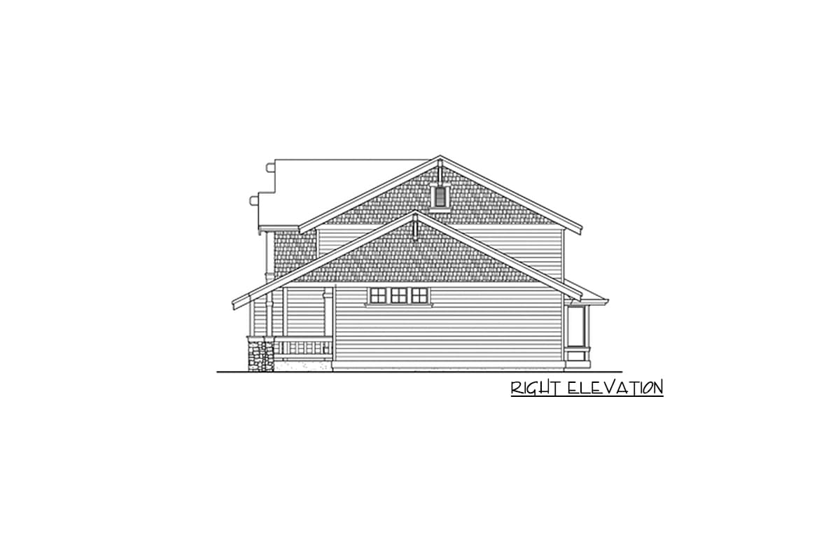 Right elevation drawing of a two-story house plan with a prominent gable, covered porch, and shingled roof.
