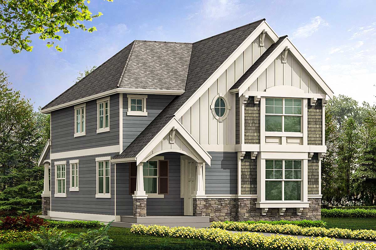 House plan exterior in a two-story Craftsman style. Features include a front porch, gables, and shake siding accents. Includes a round window.
