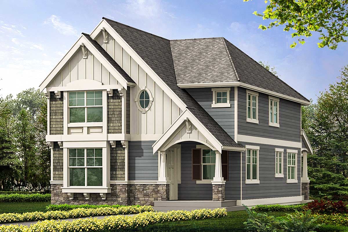 House plan exterior with two stories. Craftsman style with a gabled roof, an arched porch entry, and a decorative round window.