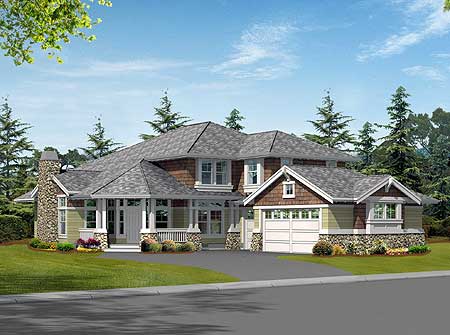 House plan exterior: Two-story home with stone chimney, covered front porch, and attached two-car garage with gable.