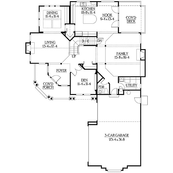 Plan 23108JD: Stone and Shingle Exterior Adds Warmth - Floor Plan - Main Level - Craftsman, Northwest