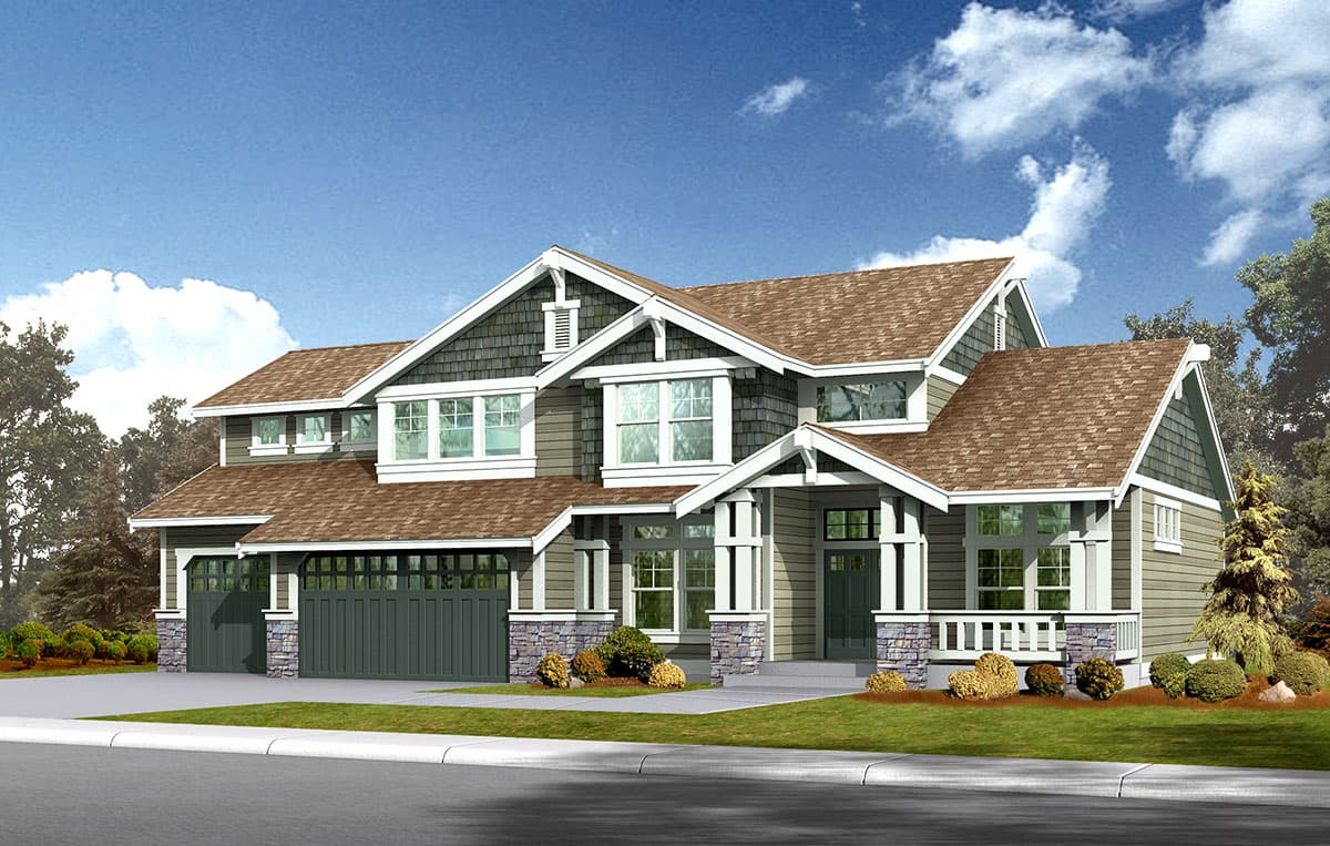 House plan exterior: two-story Modern Farmhouse with a three-car garage, gabled dormers, stone accents, and a covered front porch.
