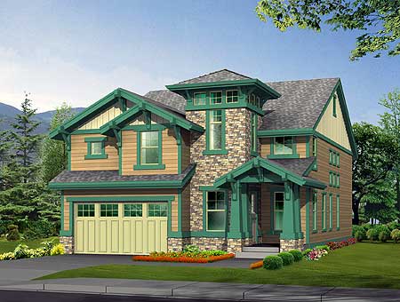 Craftsman style house plan exterior with two stories, stone accents, covered porch, and attached garage.