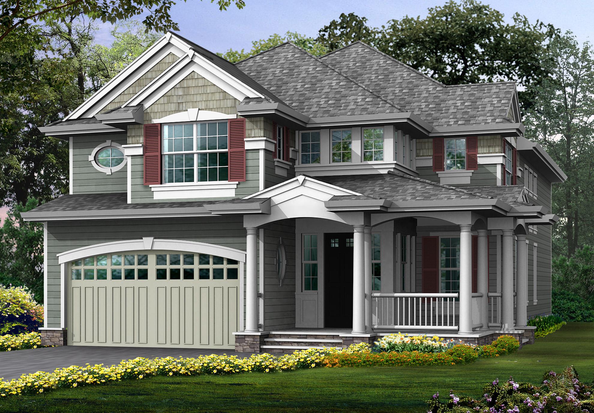 House plan exterior, two stories, gable roof, arched garage door, covered front porch with columns, and a circular dormer.