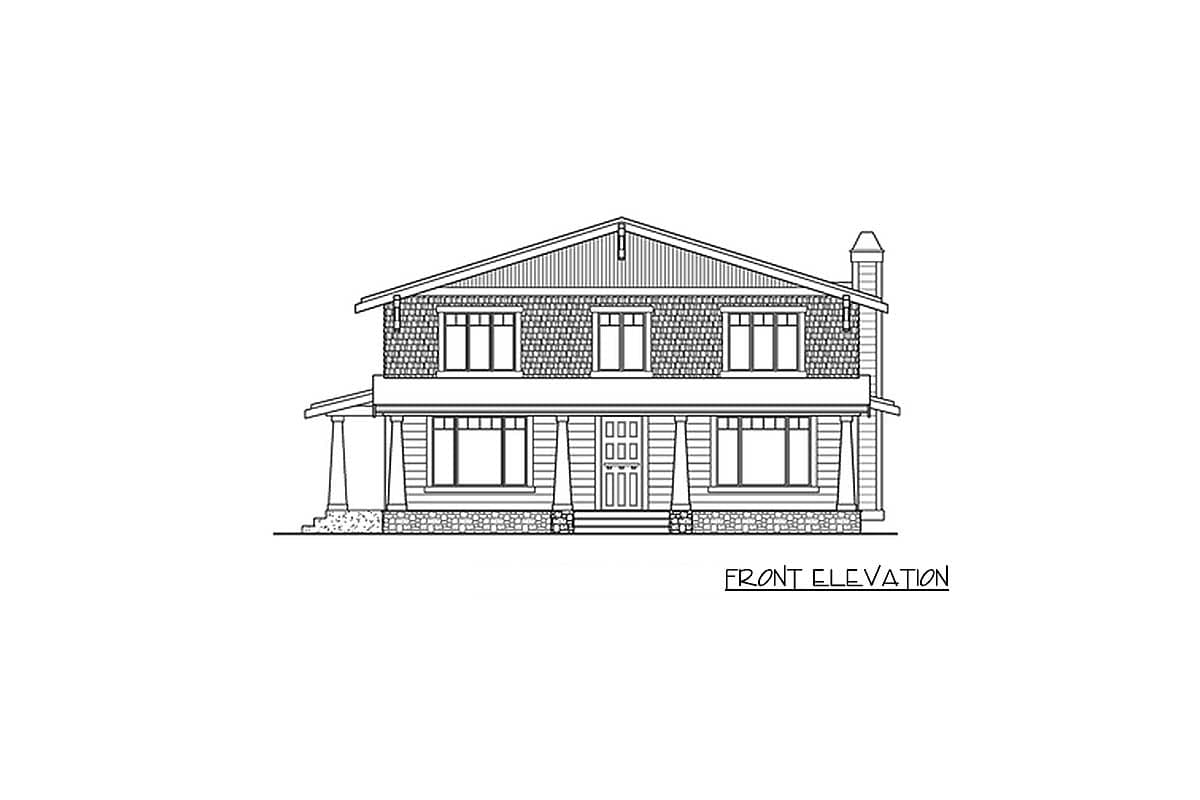 Front elevation drawing of a two-story house plan with a covered porch, multiple windows, and a prominent gable roof.