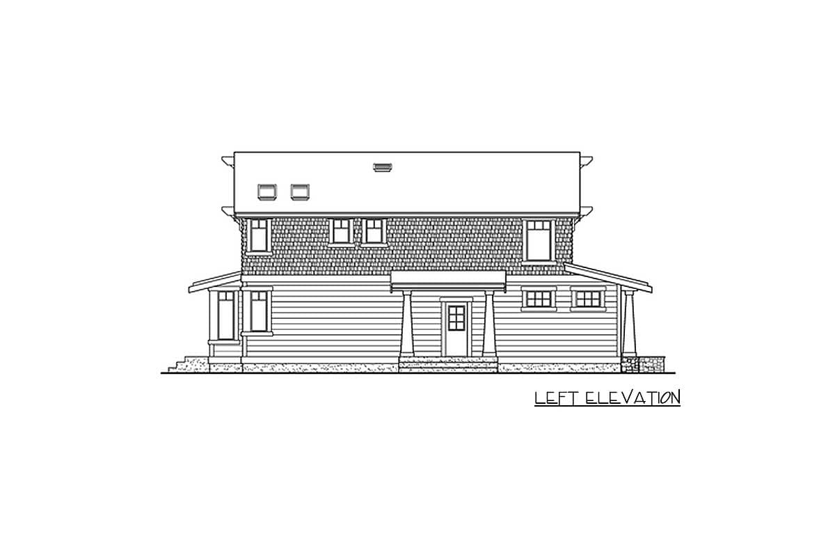 Left elevation drawing of a two-story house plan featuring a covered porch, multiple gables, and varied siding.
