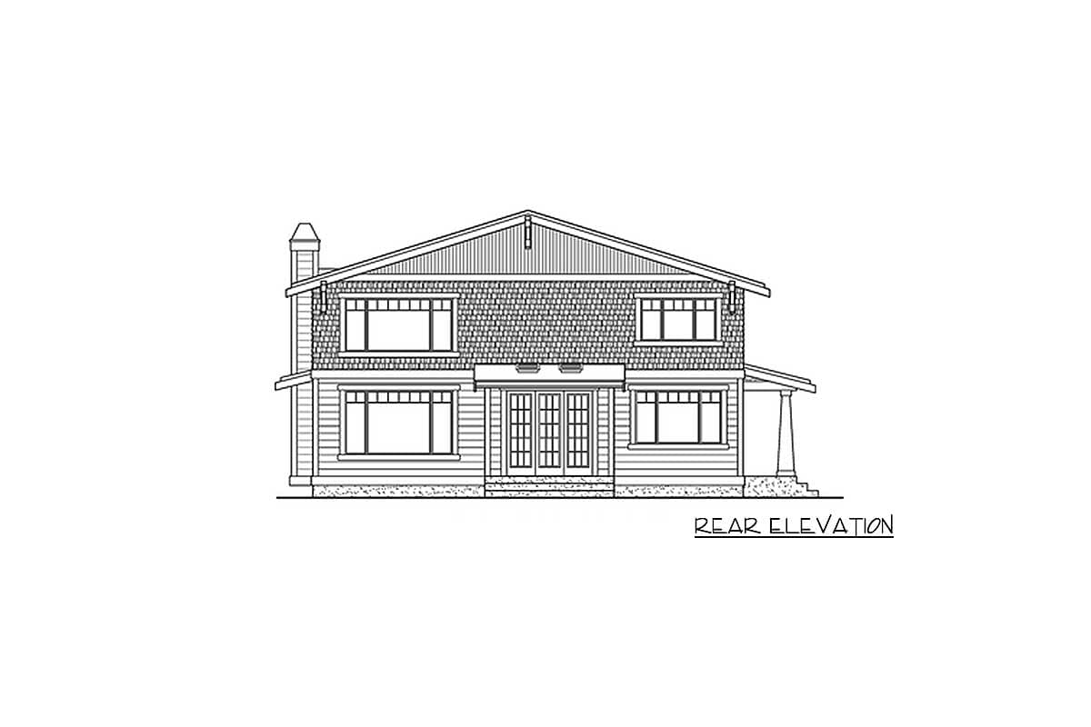 Rear elevation drawing of a two-story house with a prominent gable, double doors, and shingled upper story.