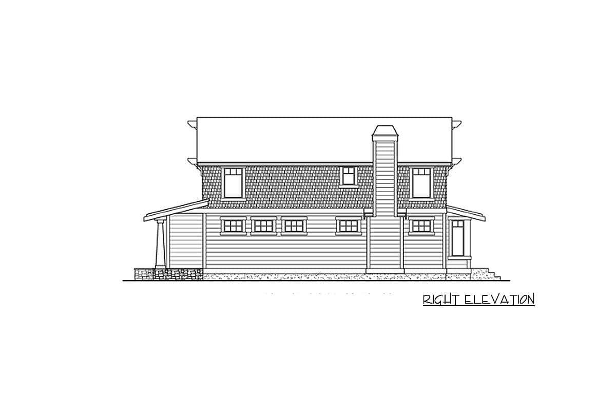 House plan right elevation showing a two-story structure with shingle siding, clapboard siding, a chimney, and a covered porch.