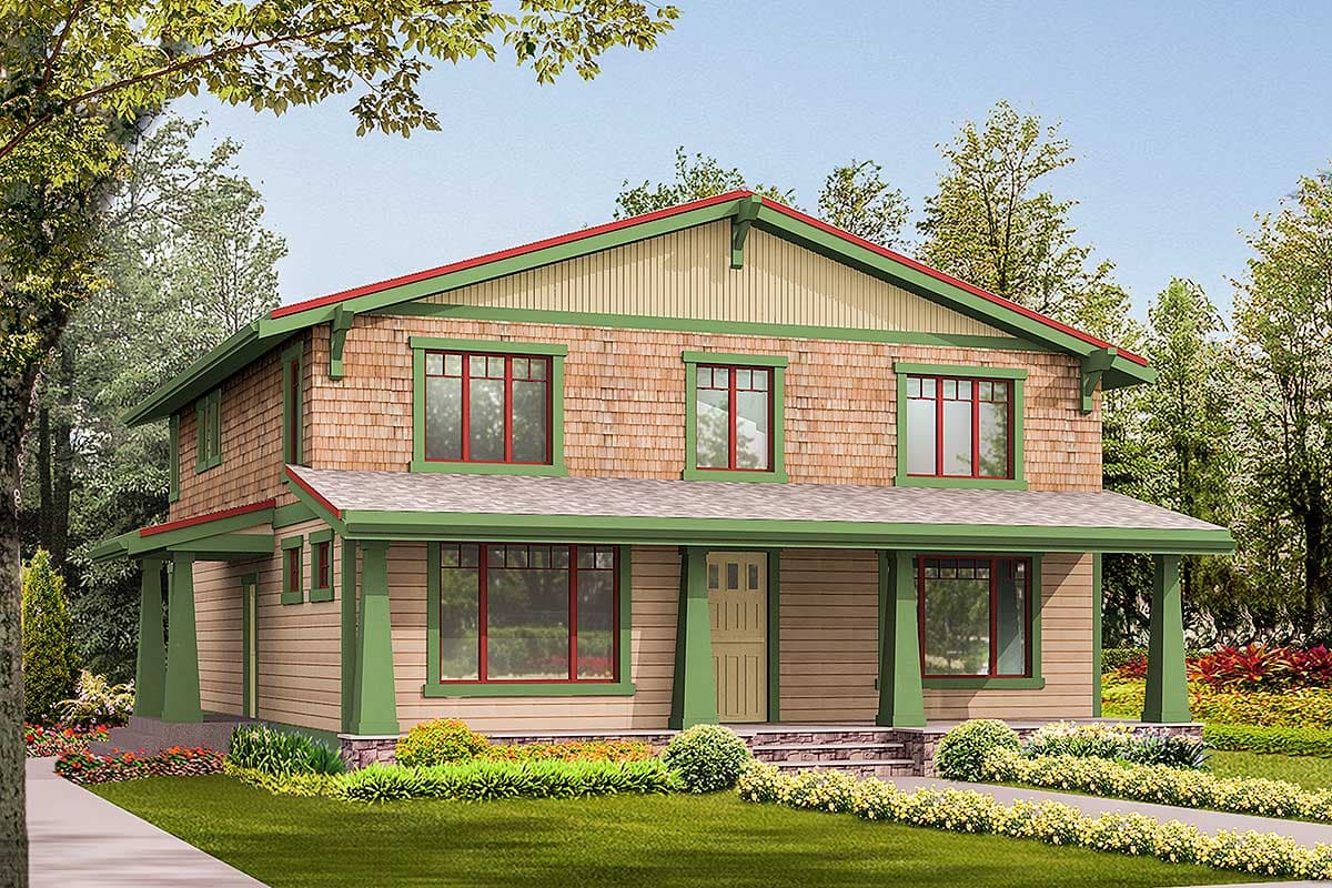 House plan exterior view of a two-story Craftsman home. Features include a front porch, gabled roofline, and wood shingle siding.