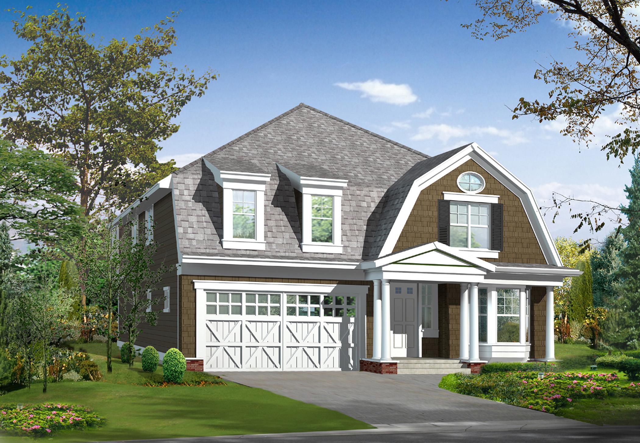 House plan exterior: two-story Dutch Colonial with a gambrel roof, dormers, a two-car garage, and a covered front porch.