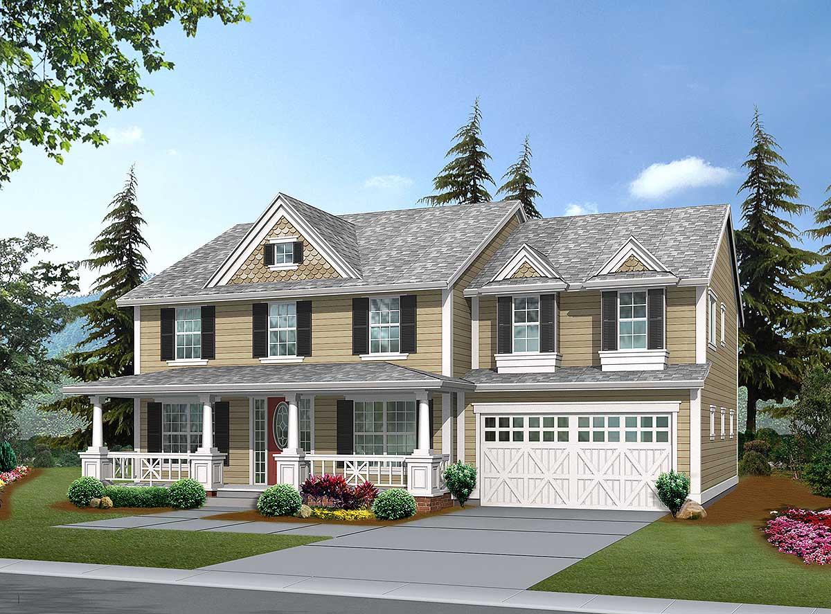 Two-story house plan exterior with a wrap-around porch, dormers, gabled roof, and a two-car front-facing garage.