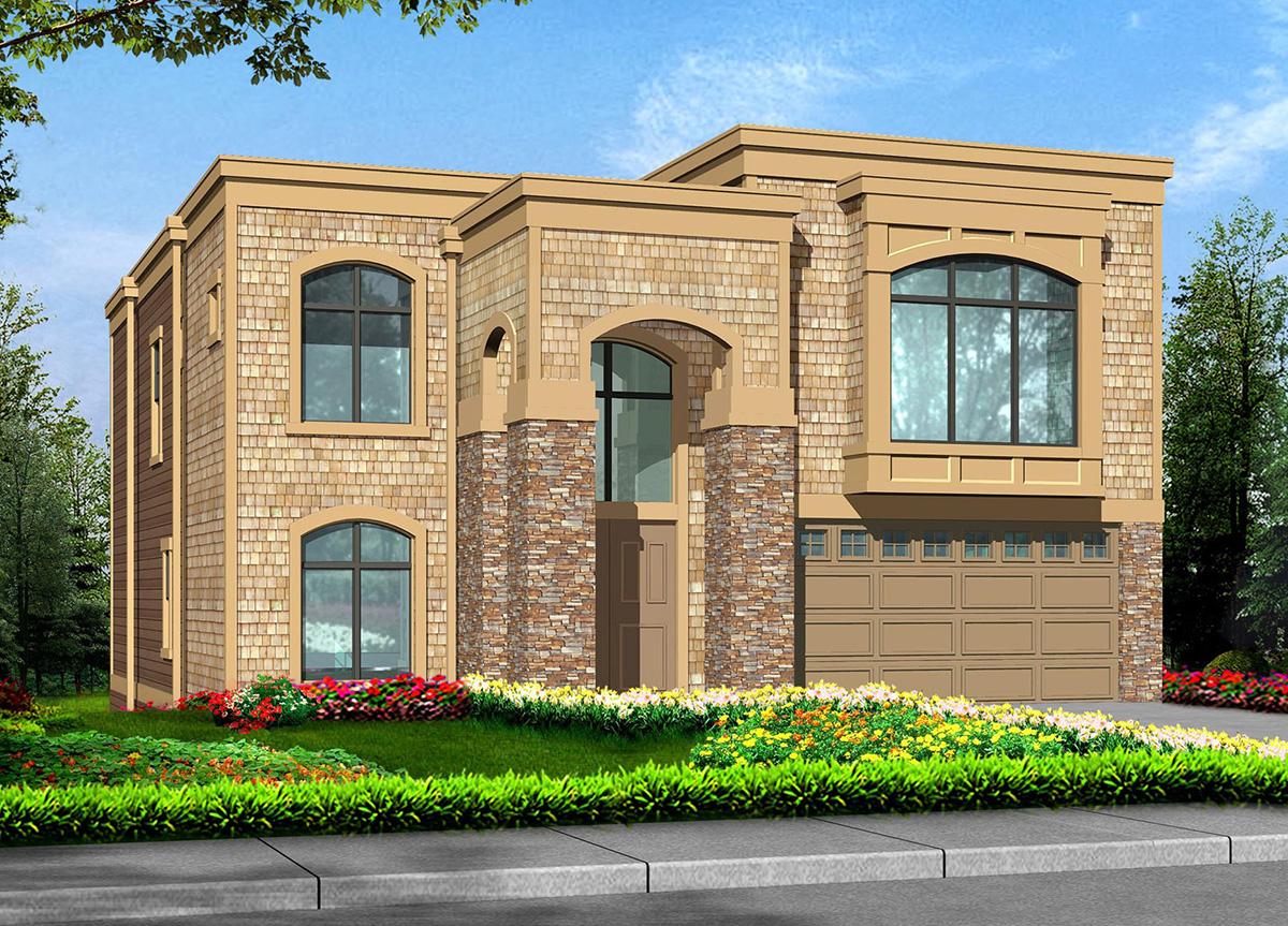 Two-story house plan exterior with stone and shingle siding, arched windows, and a two-car garage.