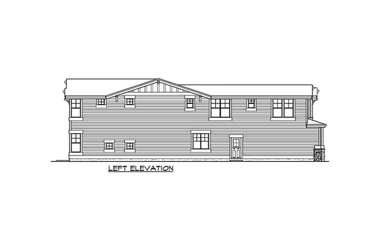 Left elevation drawing of a two-story house with horizontal siding, gabled dormers, and a covered entry.