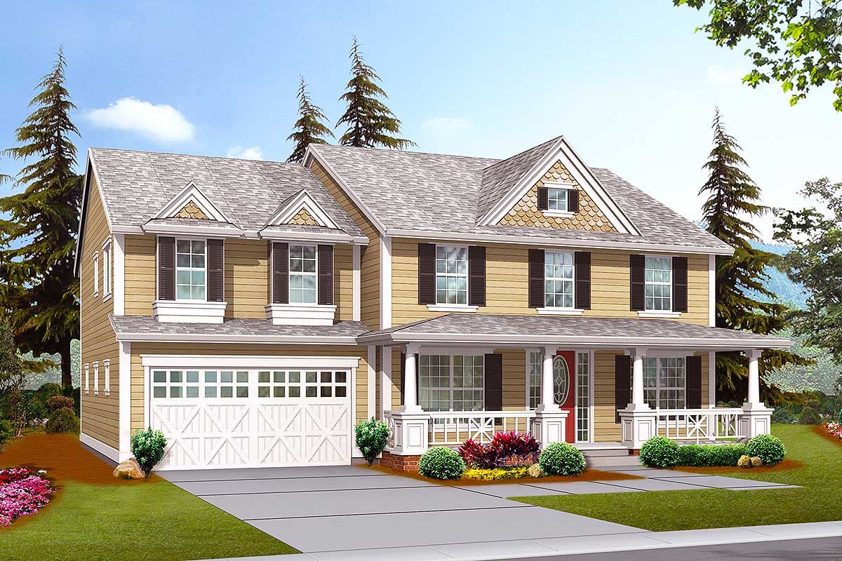 Two-story house plan exterior with a covered front porch, gabled dormers, and a two-car garage.