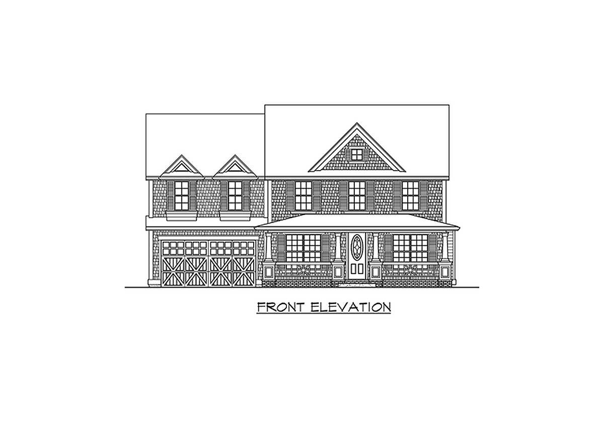 Front elevation drawing of a two-story house plan with a gabled front dormer, porch, and attached garage.