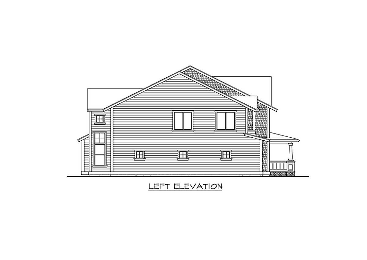 Left elevation house plan showing a two-story home with horizontal siding, gables, and a covered front porch.