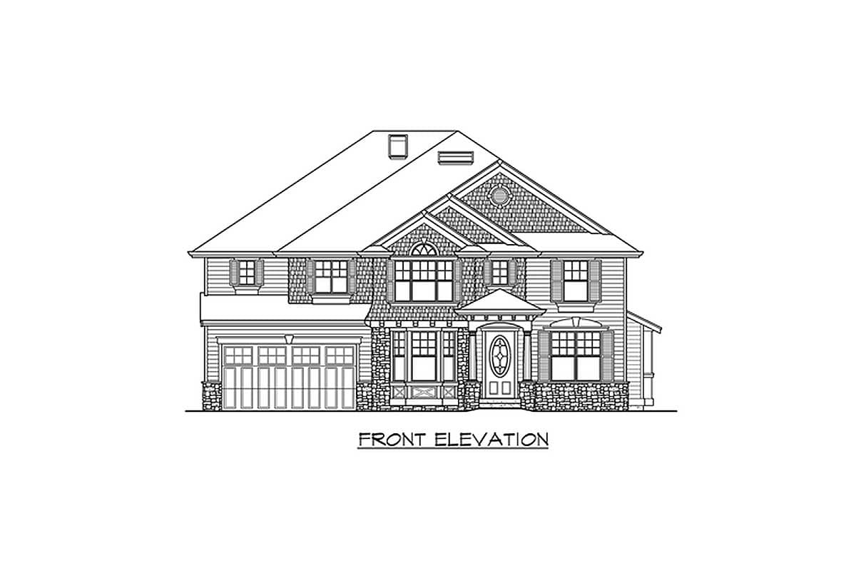 Front elevation drawing of a two-story house plan with a two-car garage, gables, dormers, and a covered front entrance.