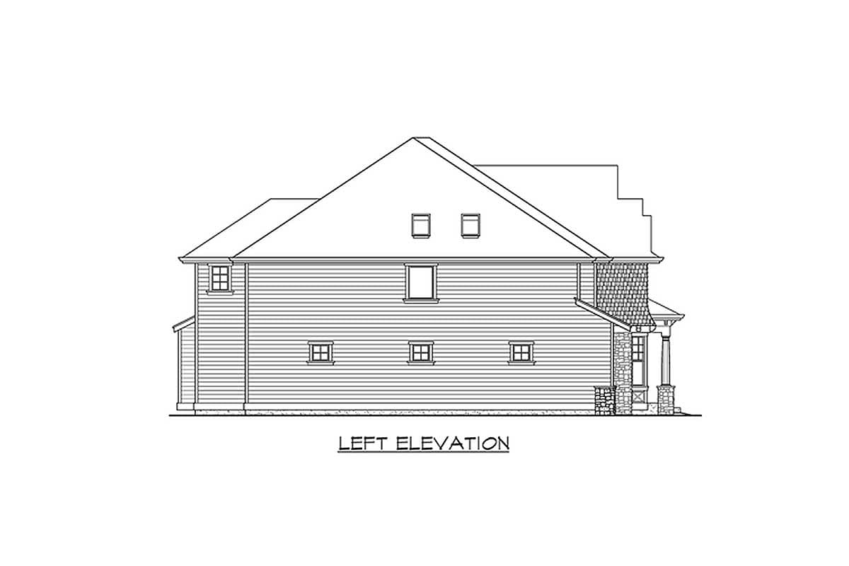 Left elevation house plan showing a multi-story structure with gables, dormers, and a prominent roofline.
