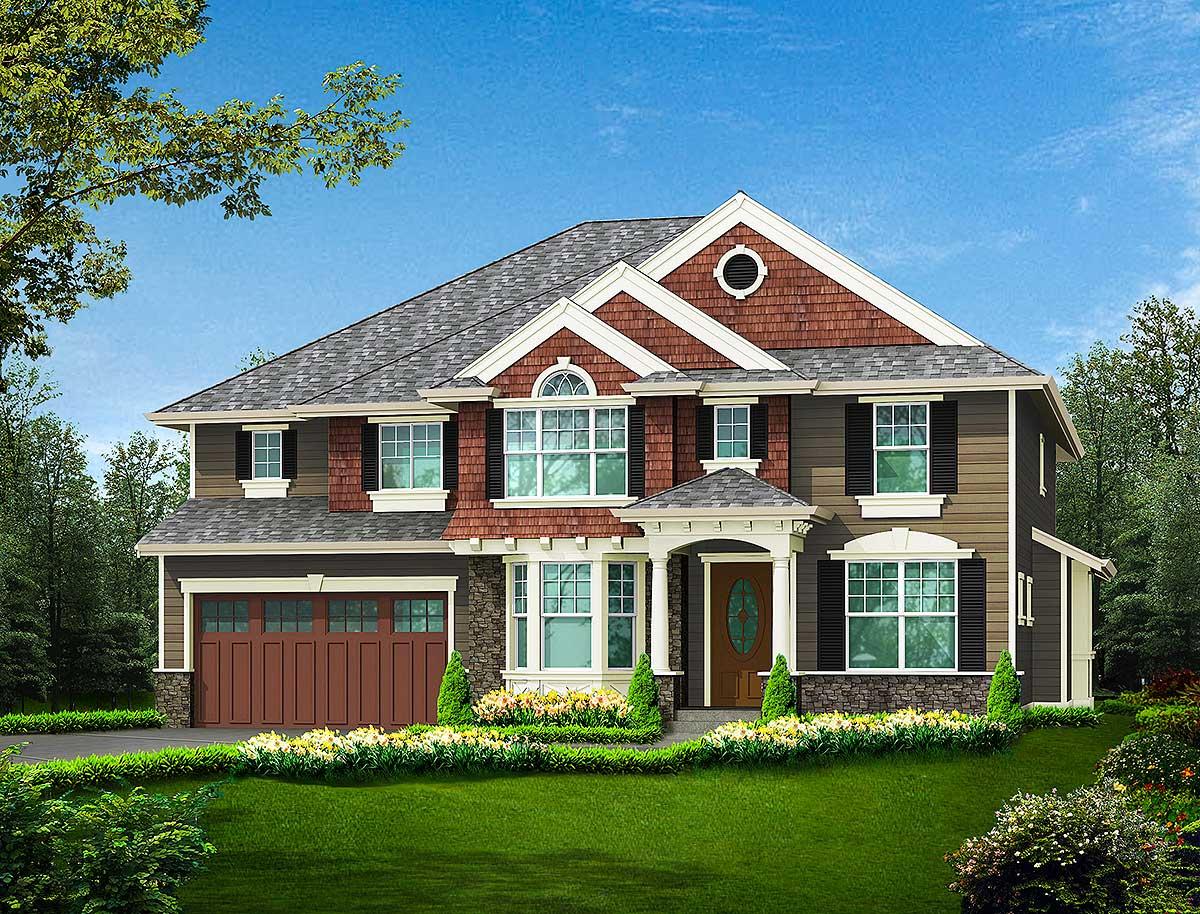 House plan exterior of a two-story home with a prominent gable, arched dormer, and a two-car front-facing garage.