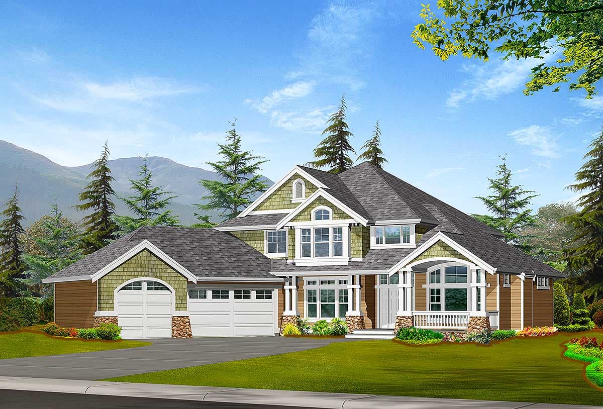 House plan exterior: Two-story Craftsman style with a three-car garage, arched dormer, stacked windows, and stone accents.