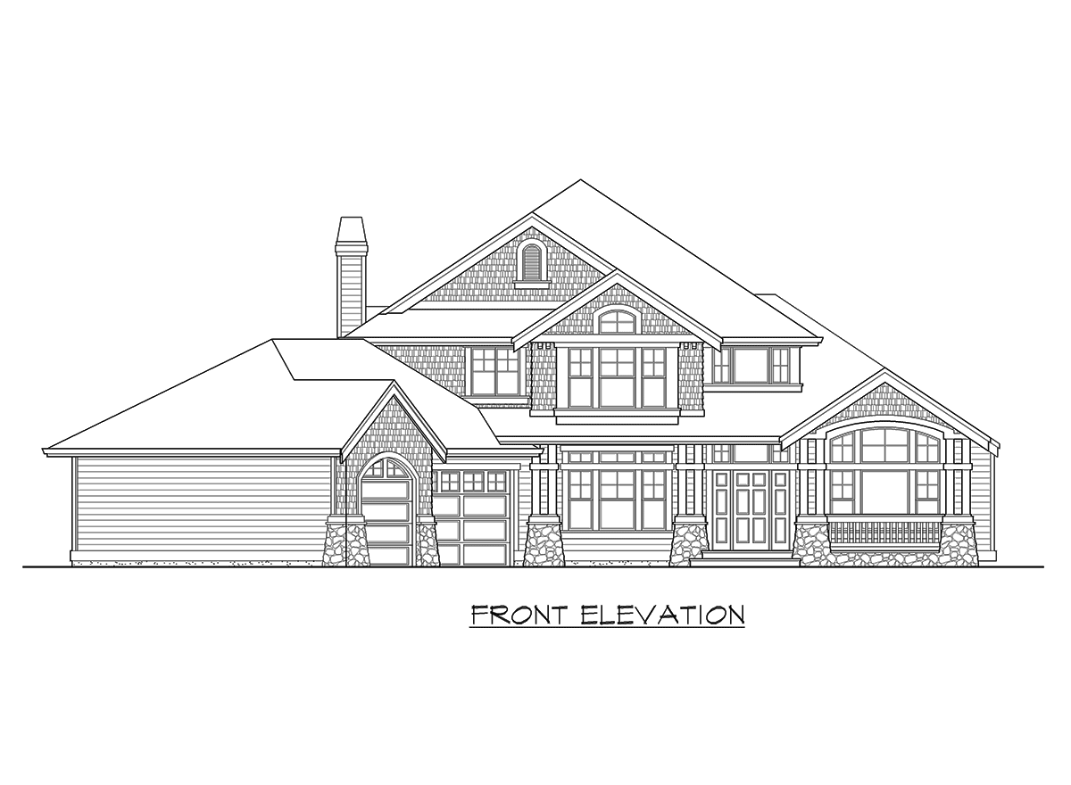 Front elevation house plan: two-story, shingle siding, stone accents, gabled dormer, arched entry, and attached garage.