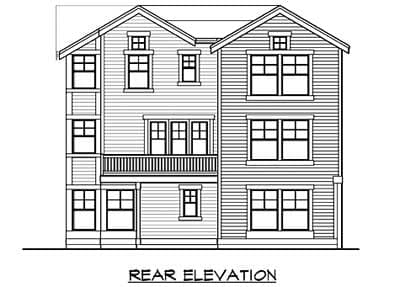 Rear elevation drawing of a three-story house plan featuring multiple windows, gables, and a balcony.