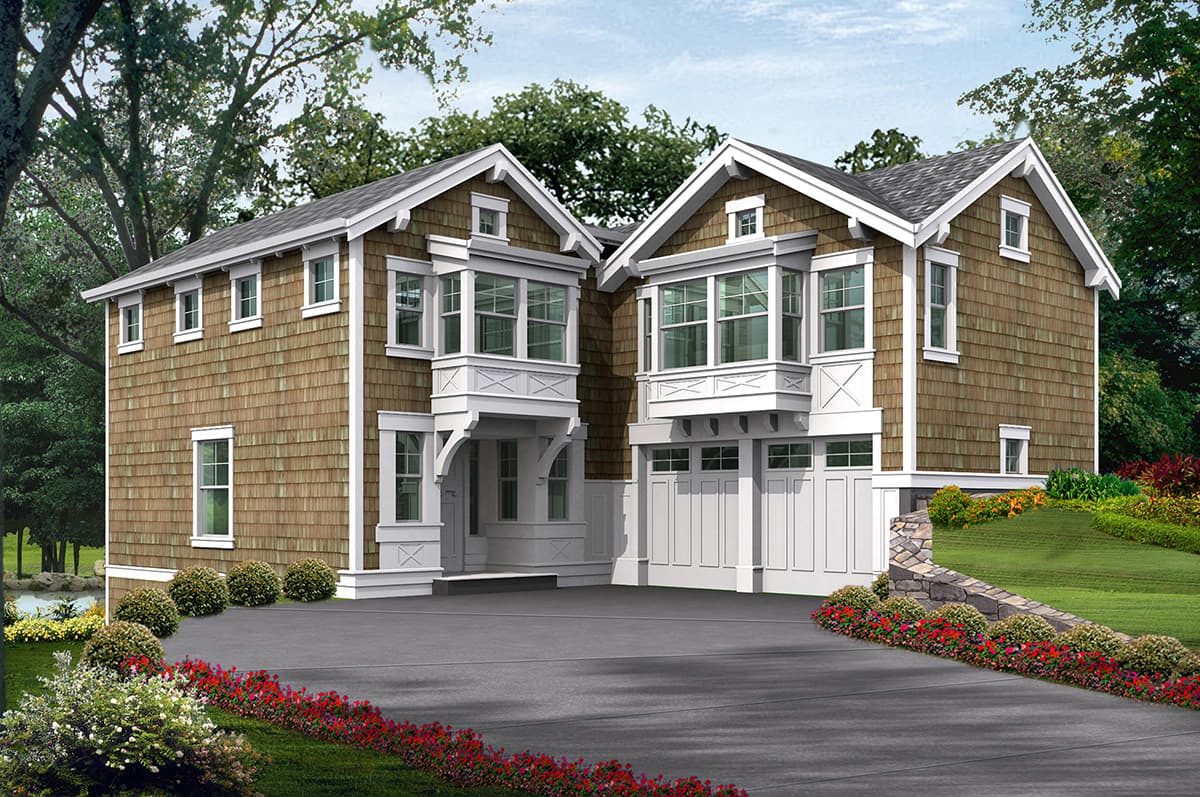 House plan exterior: two-story home with cedar shingle siding, multiple gables, bay windows, and a three-car garage.