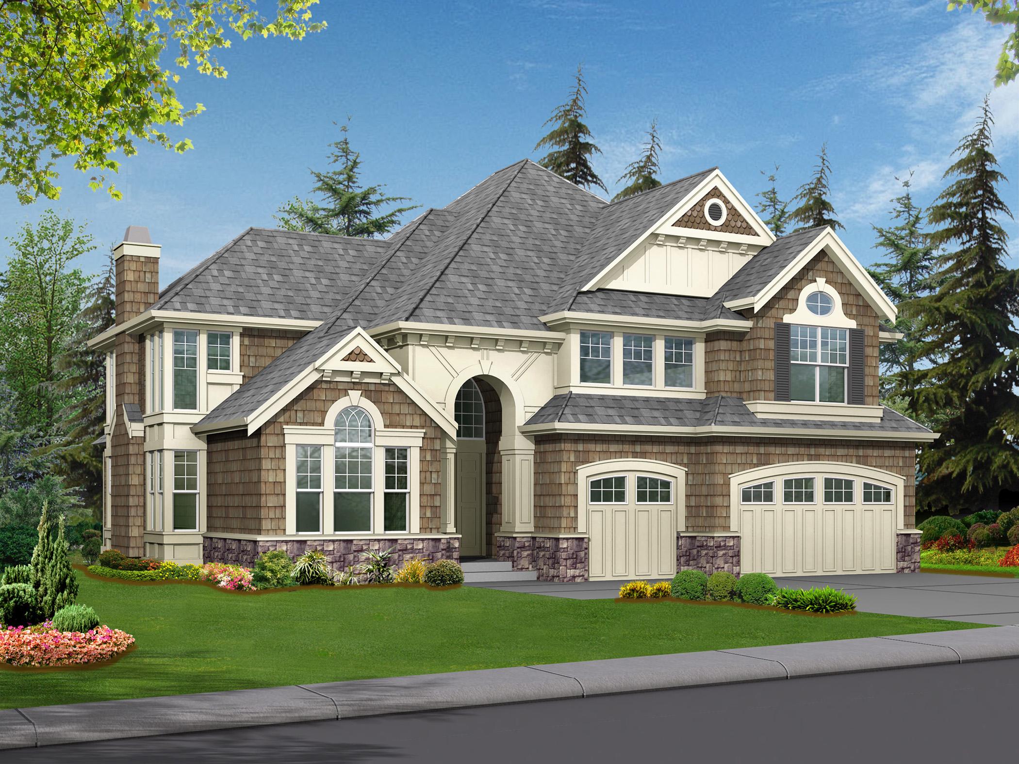 House plan exterior: two-story home with arched entry, gabled dormers, shingle siding, and a three-car garage.
