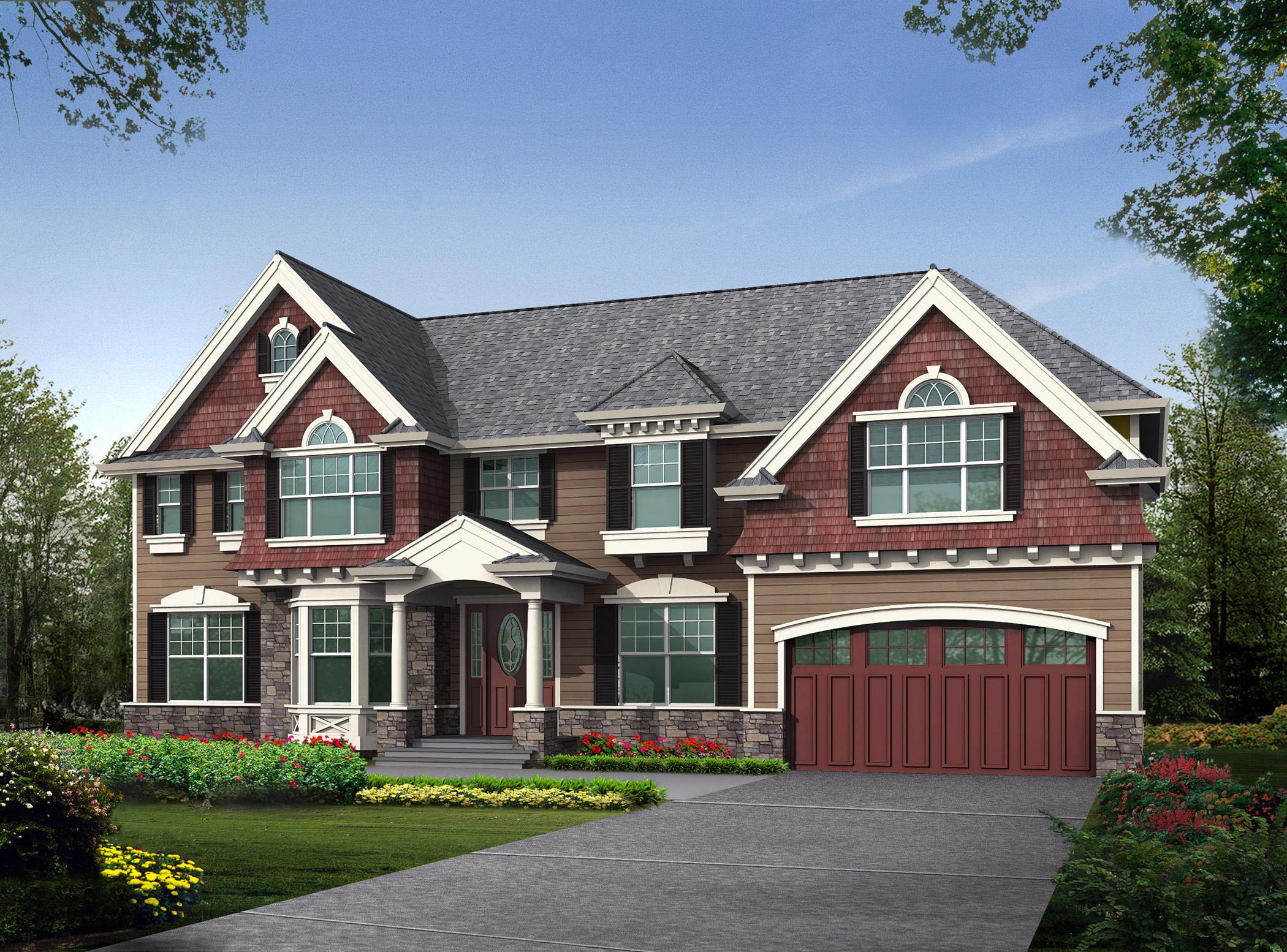 House plan exterior: Two-story home with arched dormers, stone base, covered entry porch, and side-facing garage.
