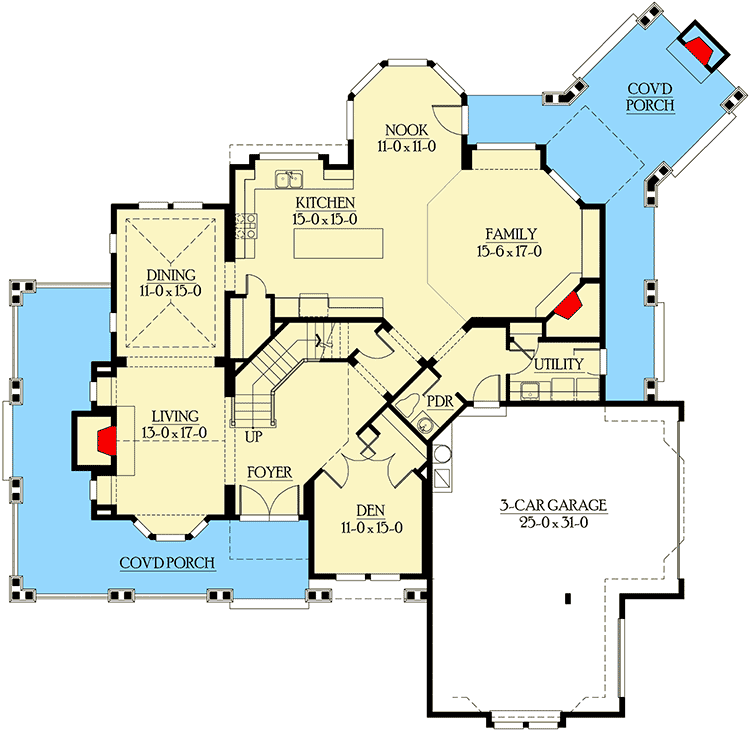 Plan 23152JD: Classic Newport-style House Plan with Corner Wrapping Porch - Floor Plan - Main Level - Craftsman, Northwest