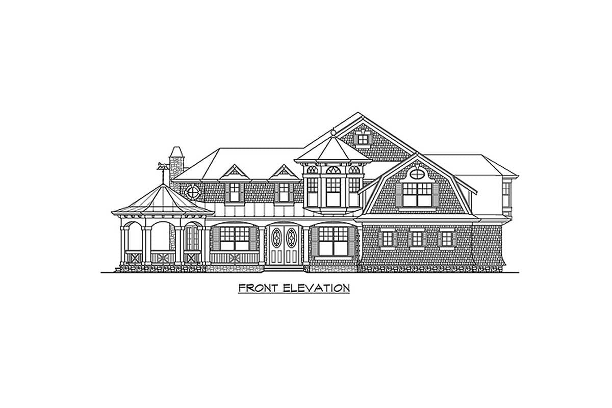 Front elevation drawing of a large house plan with a wrap-around porch, multiple gables, and a turret.