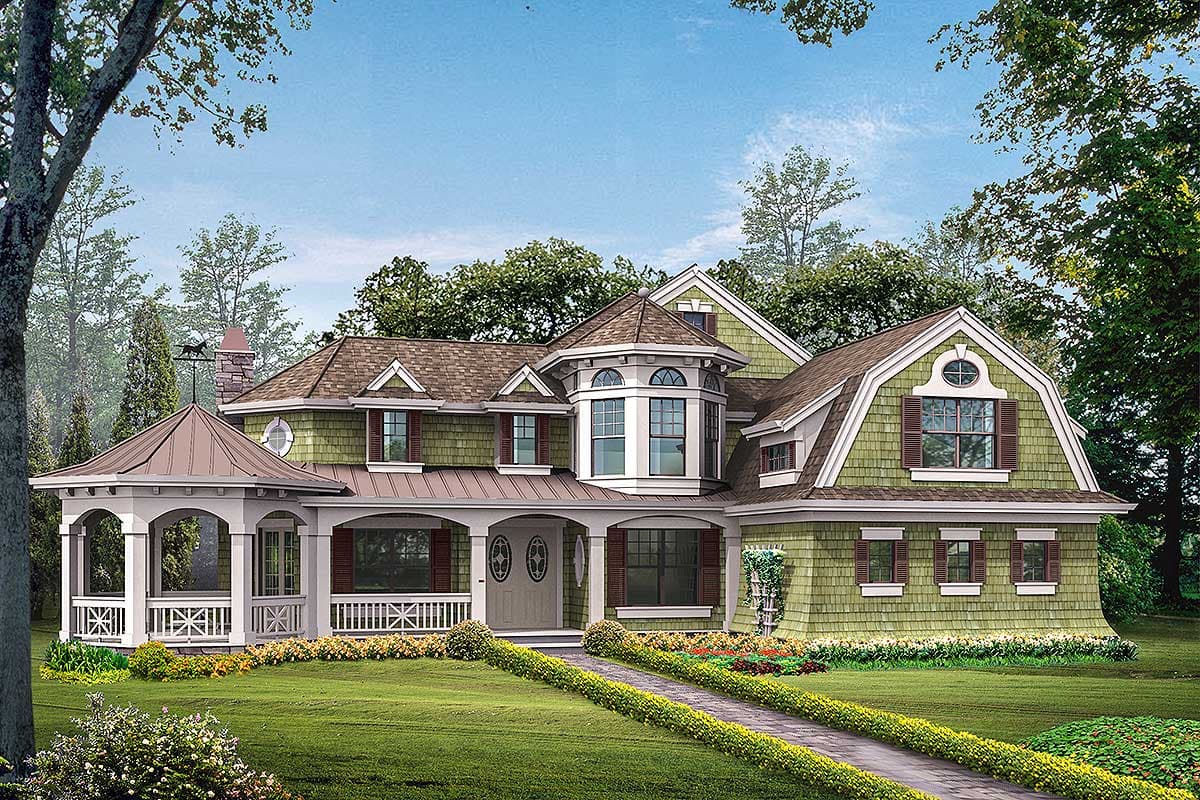 House plan exterior: Two-story Victorian-style house with wraparound porch, prominent bay window, and dormers.