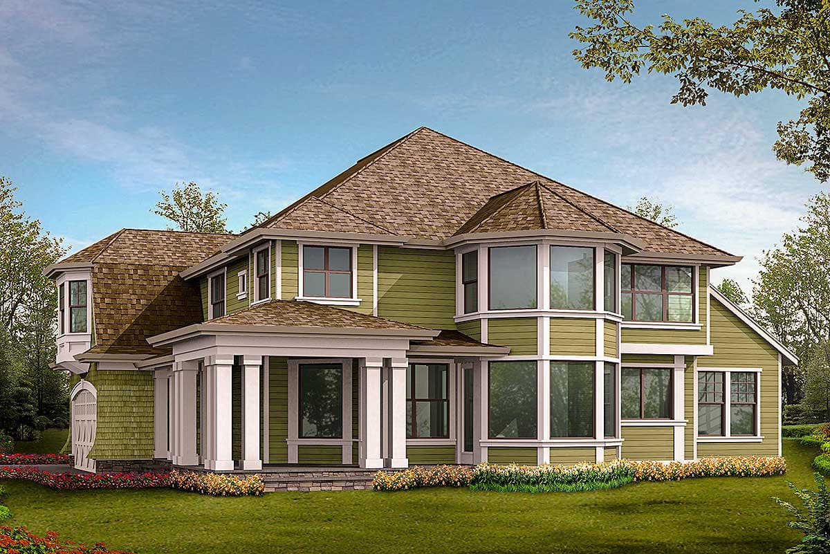 Two-story house plan exterior with a covered porch, multiple gables, and large bay windows.