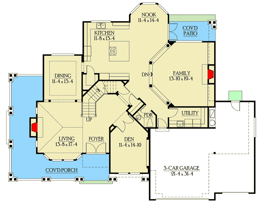 Plan 23159JD: Craftsman House Plan with Generous Wraparound Covered Porch - Floor Plan - Main Level - Craftsman, Northwest