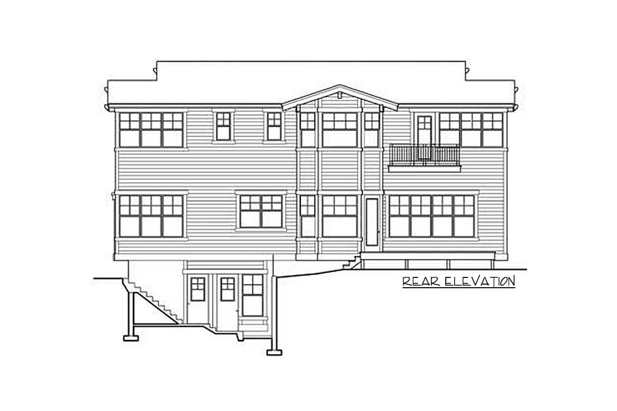 Rear elevation house plan drawing showing a two-story building with multiple windows, a balcony, and a partial basement.
