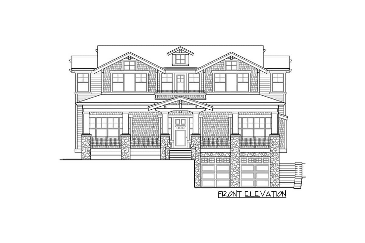 Front elevation drawing of a two-story house plan with a covered porch, dormers, and a three-car garage.