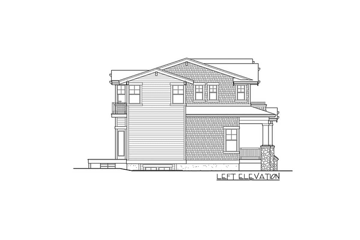 Left elevation house plan showing a two-story home with gables, dormers, siding, and stone porch supports.