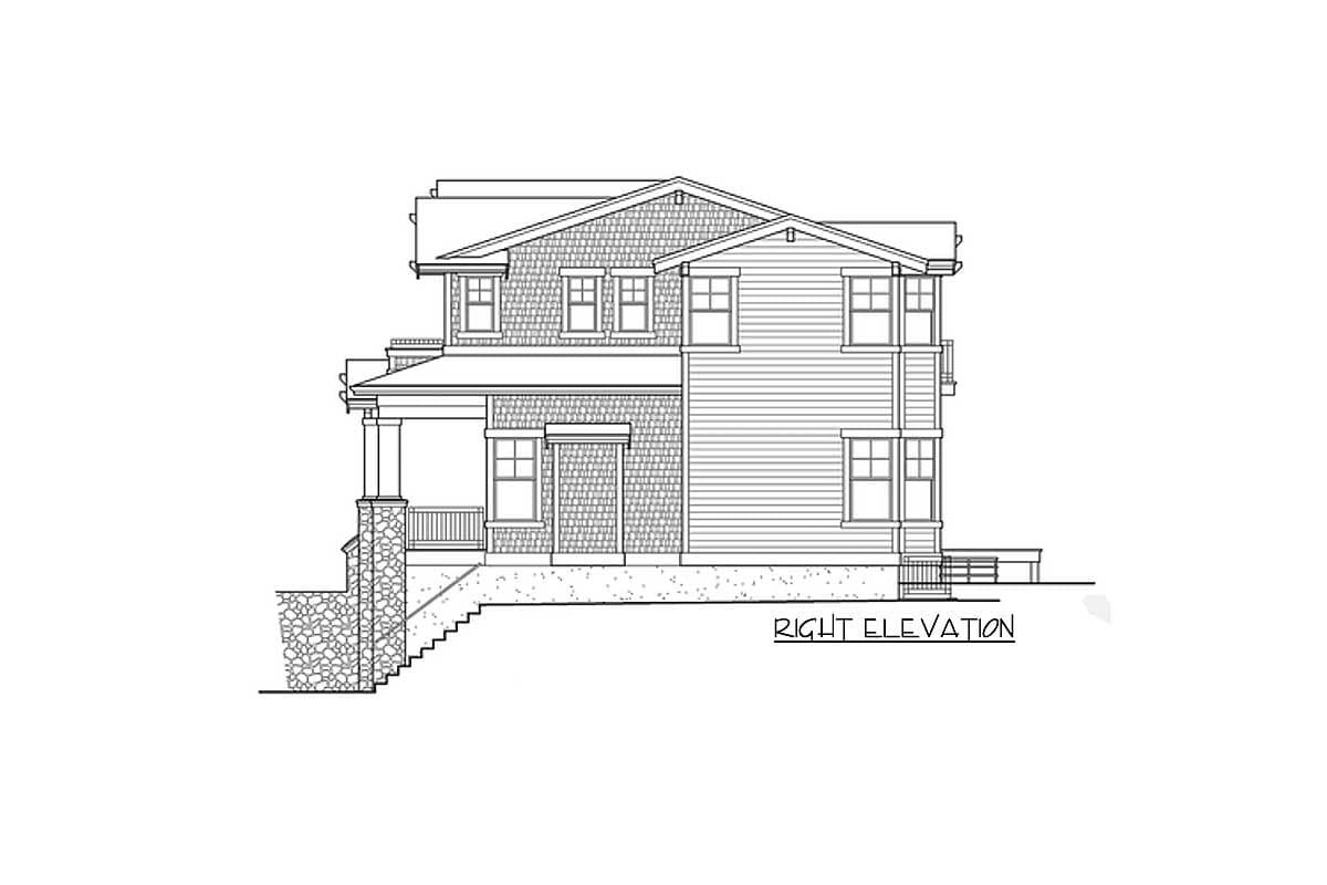 Architectural drawing of a two-story house plan, right elevation, featuring a covered porch and gabled rooflines.
