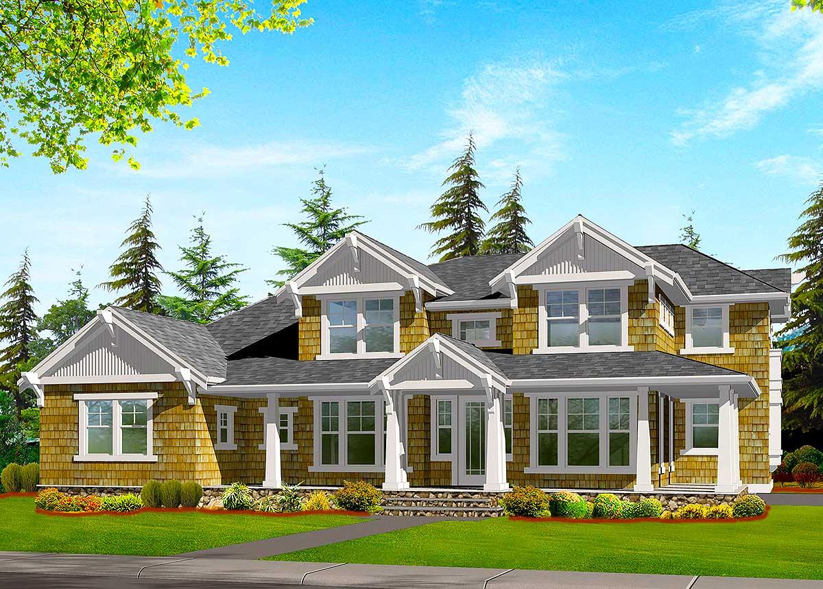 House plan exterior: Two-story home with shingle siding, multiple gables, prominent front porch with columns, and dormer windows.